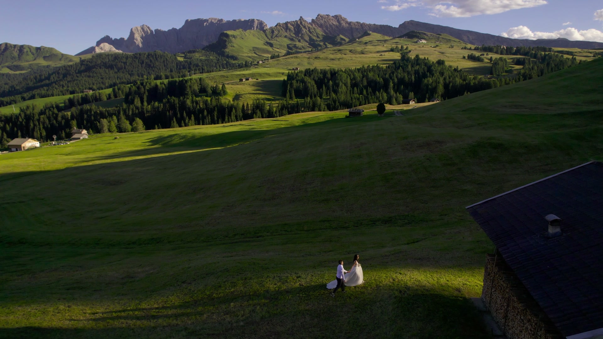 A wedding couple walking through an alpine landscape